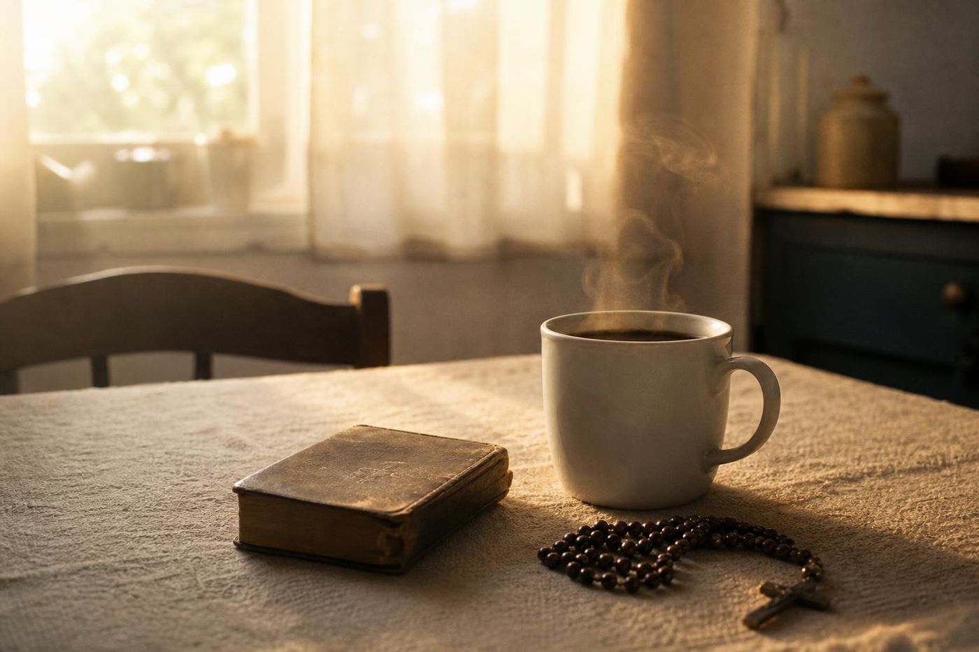 Xícara de café, um livro gasto e um terço sobre a mesa, na luz da manhã